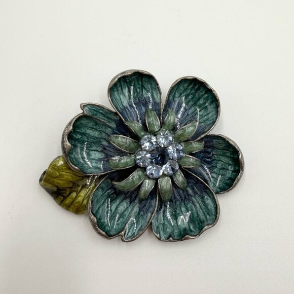 Vintage Teal Blue Enamel with Rhinestone Center Flower Brooch - Picture 3 of 5